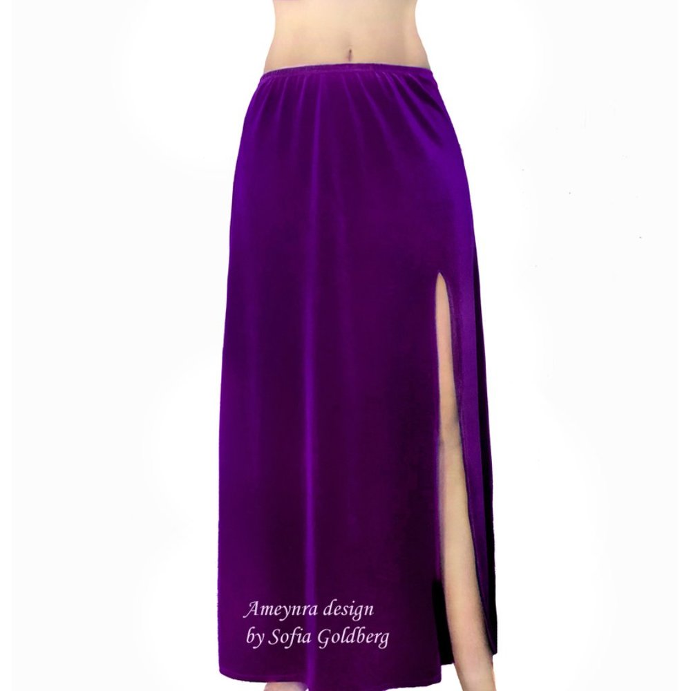 Dark-Purple Stretch Velvet Skirt 1-Slit. Ameynra